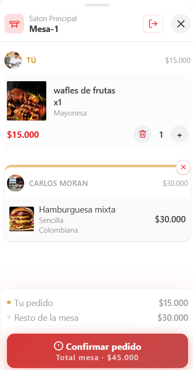 Carrito colaborativo de RestoApp en el celular del cliente
