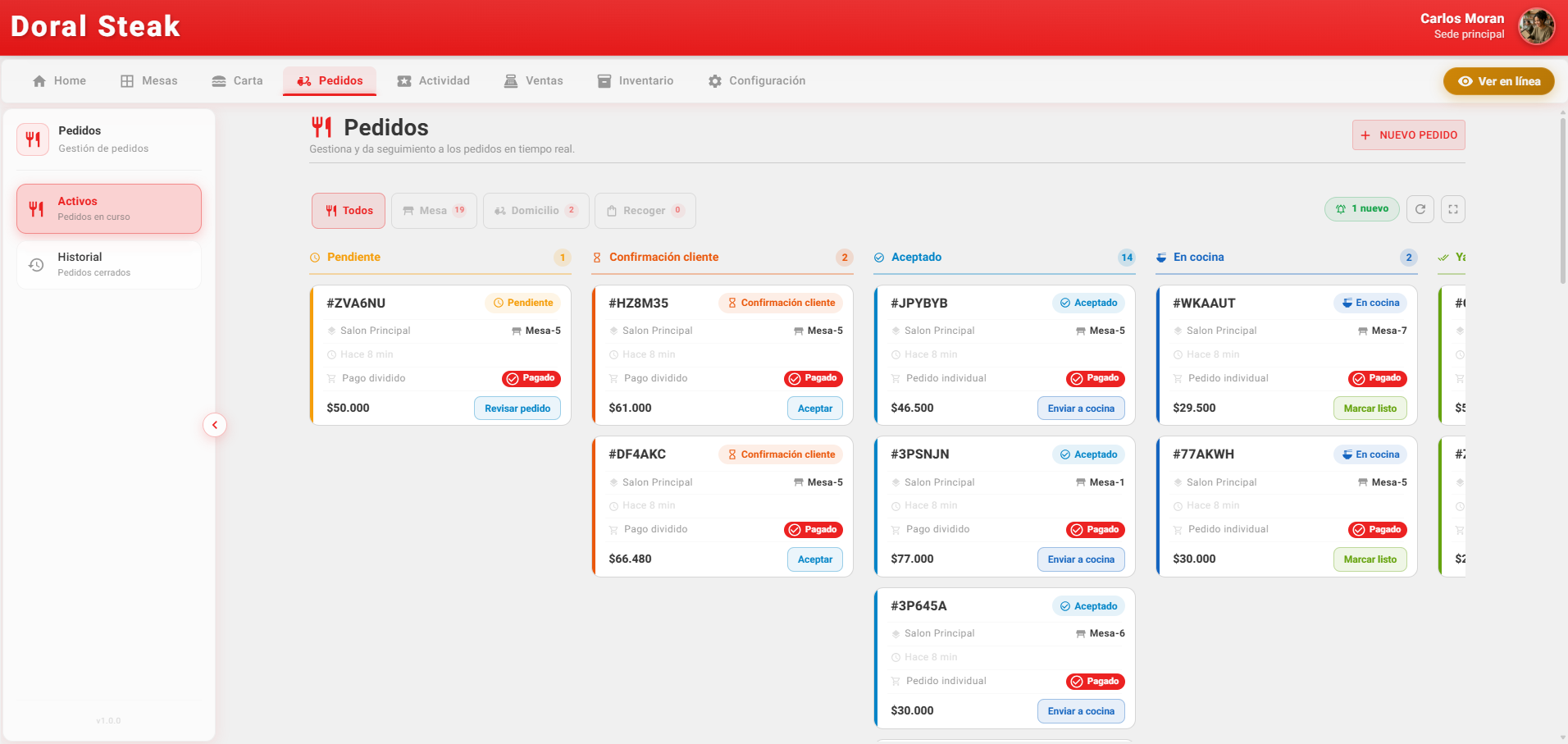 Panel de pedidos de RestoApp en computador de escritorio