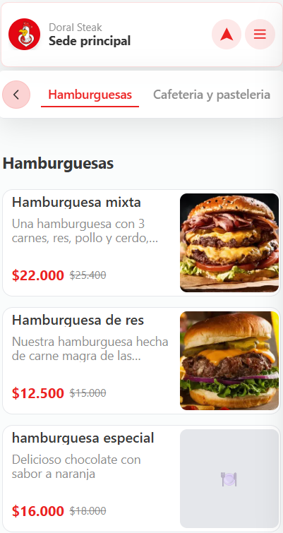 Menú y productos de RestoApp en el celular del cliente